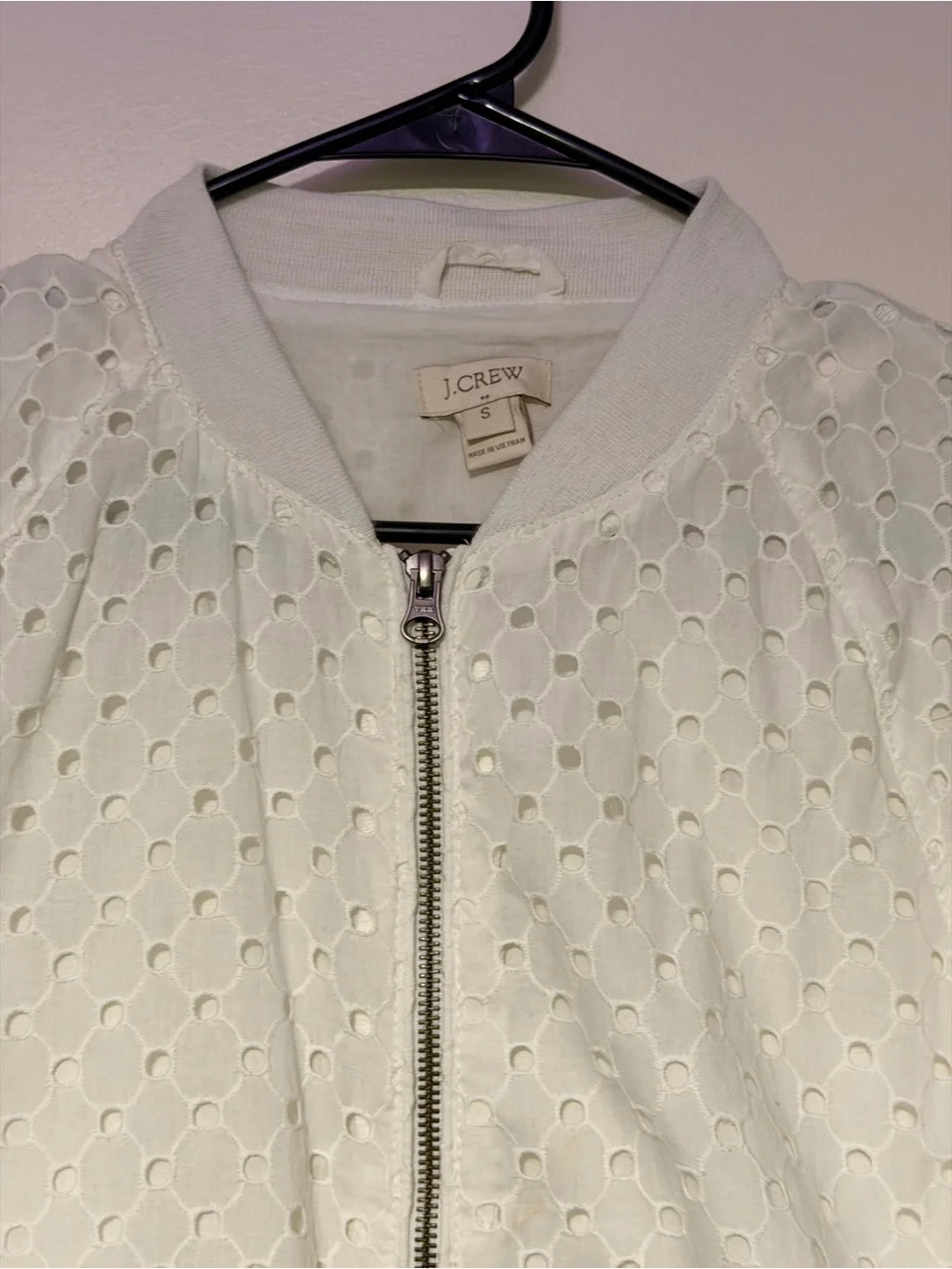 J. Crew White Eyelet Bomber Jacket with Zip Front
